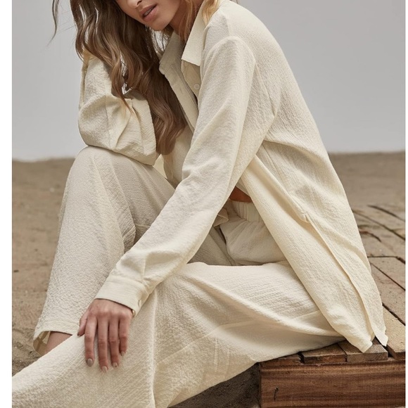 2 Piece Outfits Wide Leg Pants Set Cream Textured Lounge Set Size 2XL - Picture 2 of 5